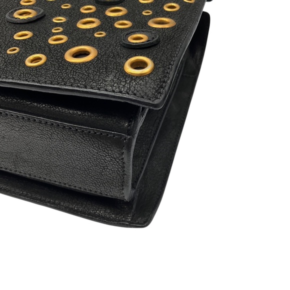 PRADA BLACK / GOLD GROMMET EMBELLISHED LOGO PLAQUE GRAINED LEATHER HANDBAG - Picture 8 of 13